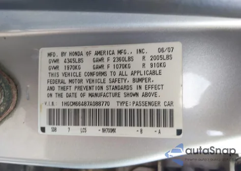 2007 Honda Accord 3.0 Se z USA, uszkodzony, nr VIN 1HGCM66487A088770